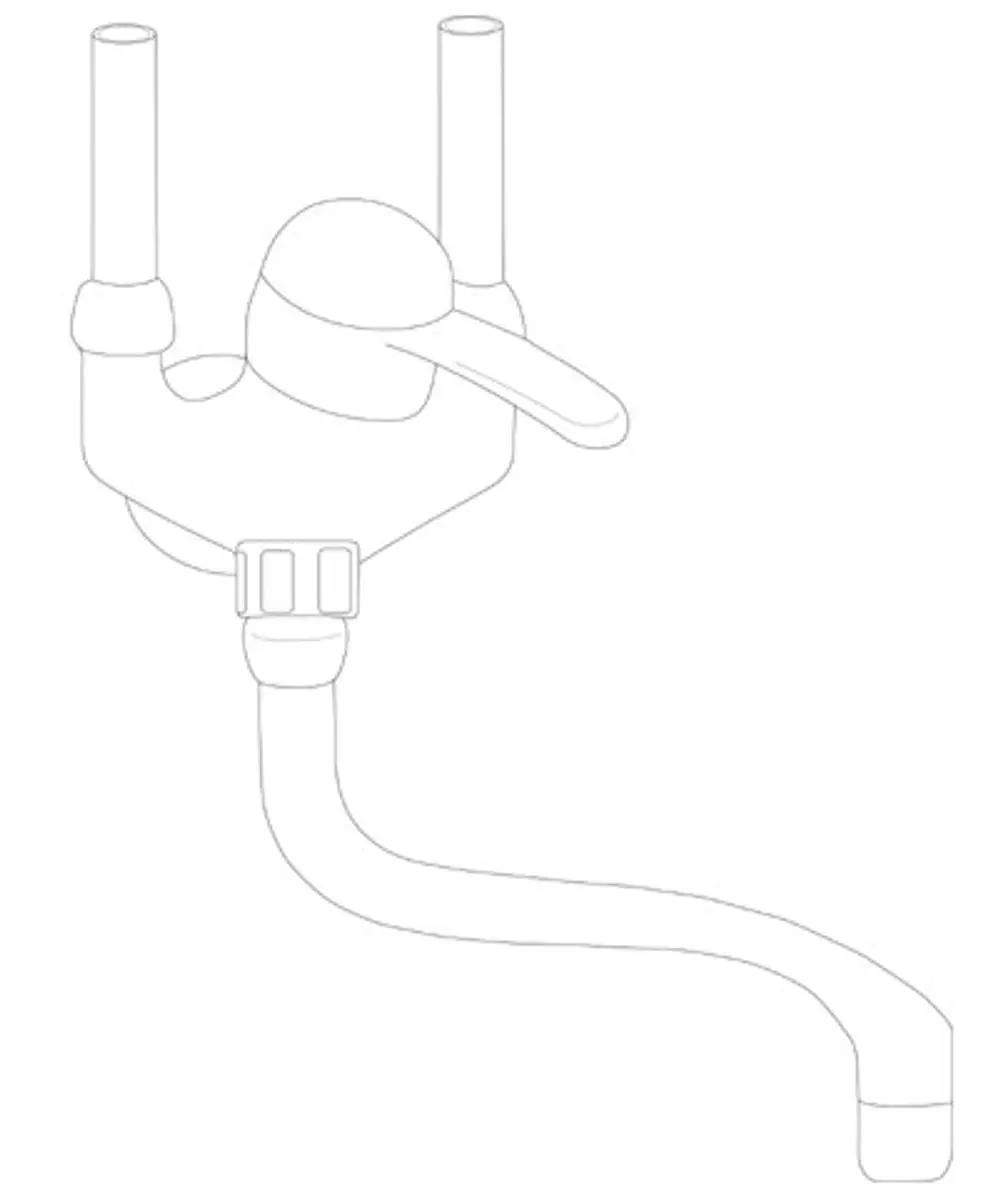 Spültischarmatur von Ideal Standard mit einem zentralen Hebelmischer und zwei Zulaufrohren, verbunden mit einem gebogenen Auslauf.